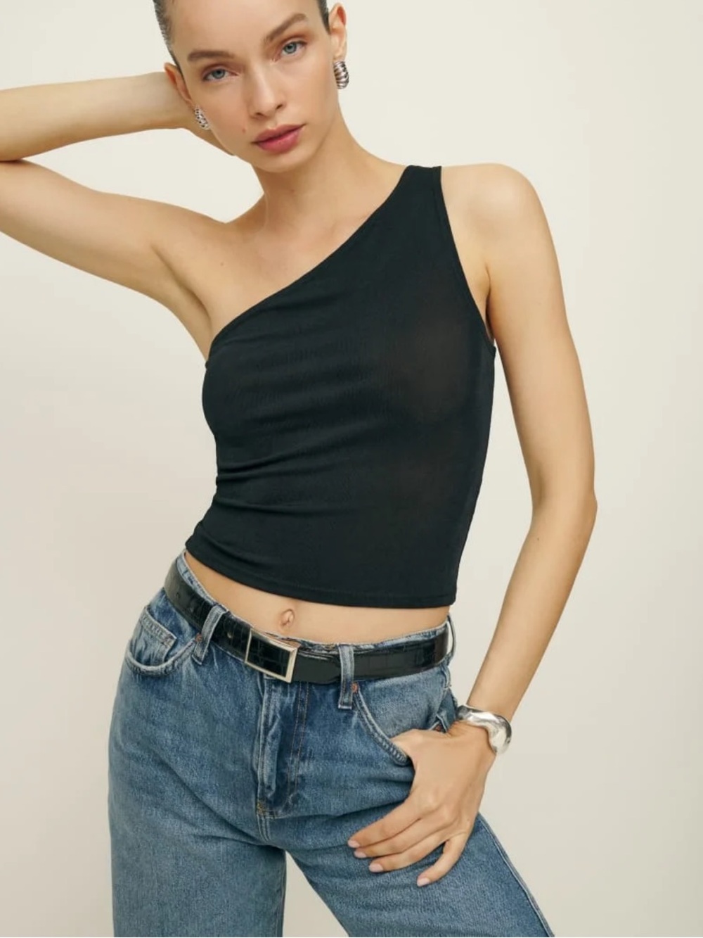 Reformation Maddie Black One Shoulder Crop Top